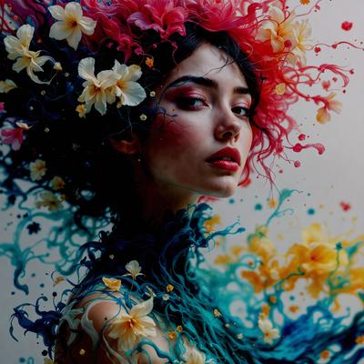 The primary subject of the image is a woman with a vibrant and colorful appearance. She is wearing a floral headpiece and has a striking makeup look. The setting is a creative and artistic environment, possibly a digital art or illustration. The visual style is a combination of photo and digital art, creating a unique and eye-catching image. The colors and mood are lively and energetic, with a focus on the woman's striking features and the vibrant floral design.